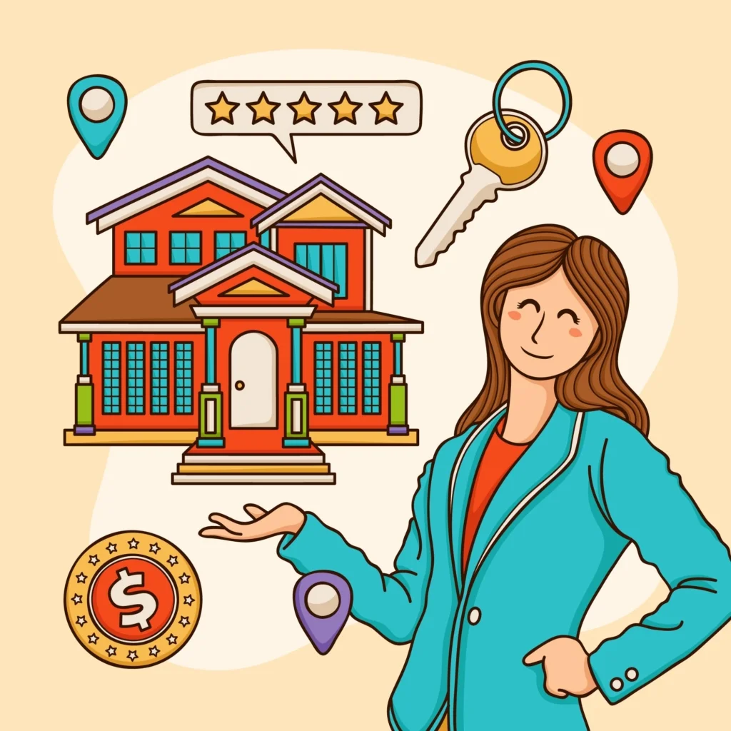 Illustration colorée représentant une agente immobilière souriante devant une grande maison moderne, accompagnée d'éléments symboliques tels qu'une clé, des icônes de localisation, une note de 5 étoiles et un symbole monétaire, évoquant l'achat, la vente ou l'investissement immobilier.